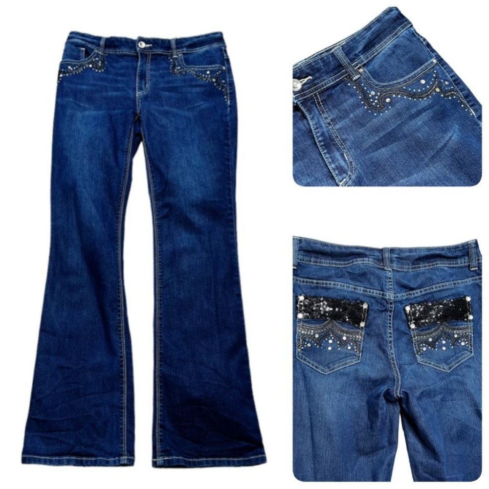 Chico's Dark Blue Denim Boot Cut Jeans with Sequin Pocket Detail